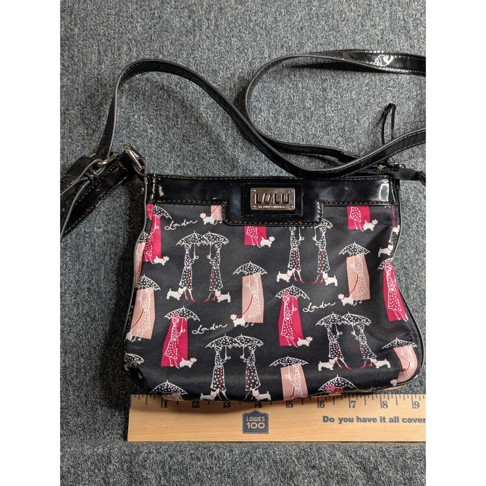 Lulu by Lulu Guinness London Print Crossbody Bag‎ Black Patent Trim Dog Umbrella